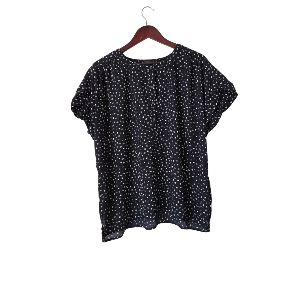 Ann Taylor Blouse Navy White Dot Print Blouse XL Short Sleeve Classic Office